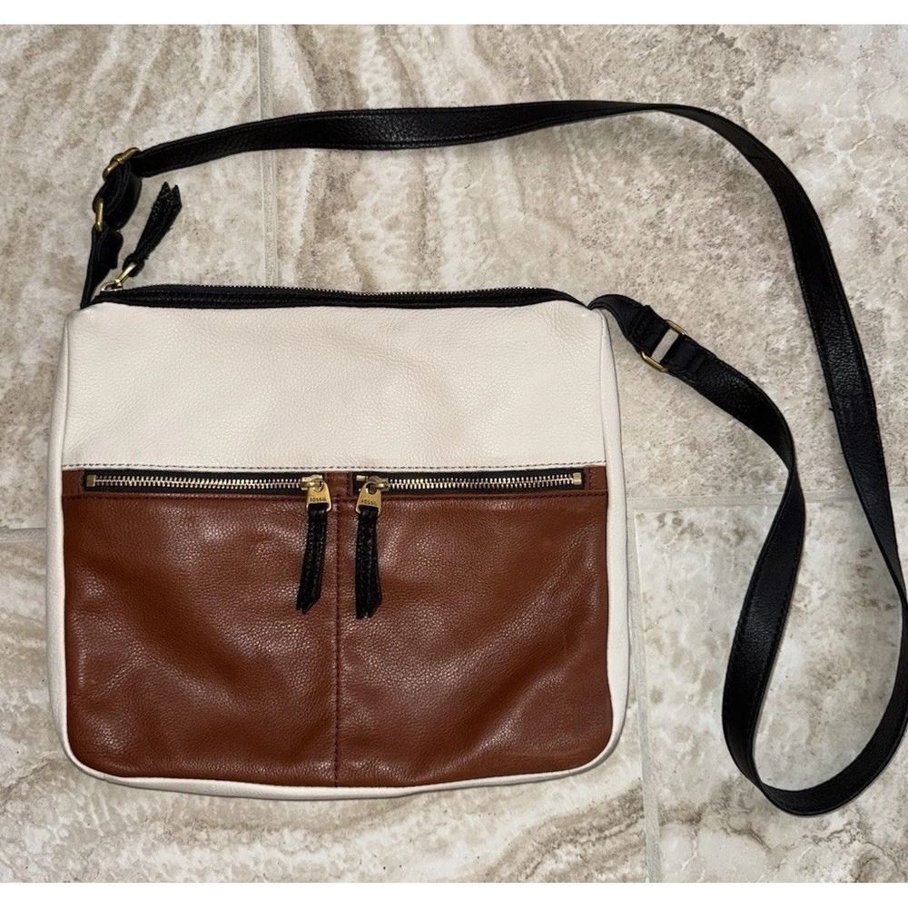 Fossil Elise Double Zip Black‎ Pebbled Leather Crossbody Shoulder Bag Purse